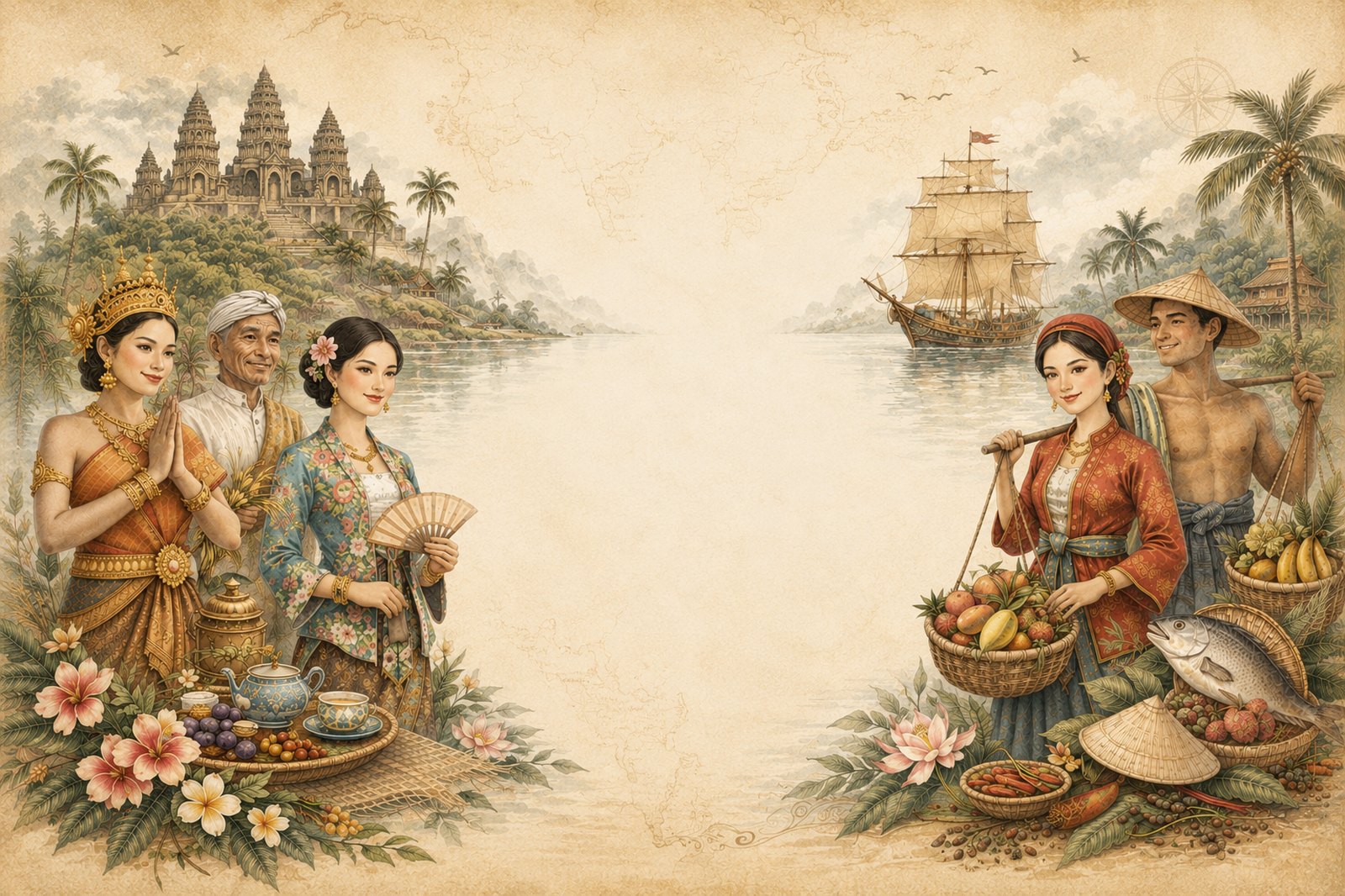Watercolour scene of Southeast Asian heritage — temples, tall ship, palms and traders